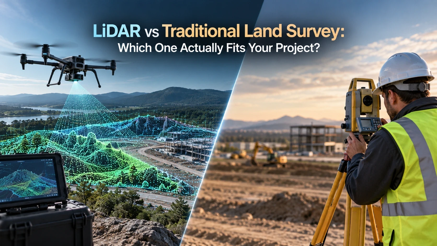 LiDAR drone scanning a construction site with 3D point-cloud mapping beside a land surveyor using a total station for traditional surveying