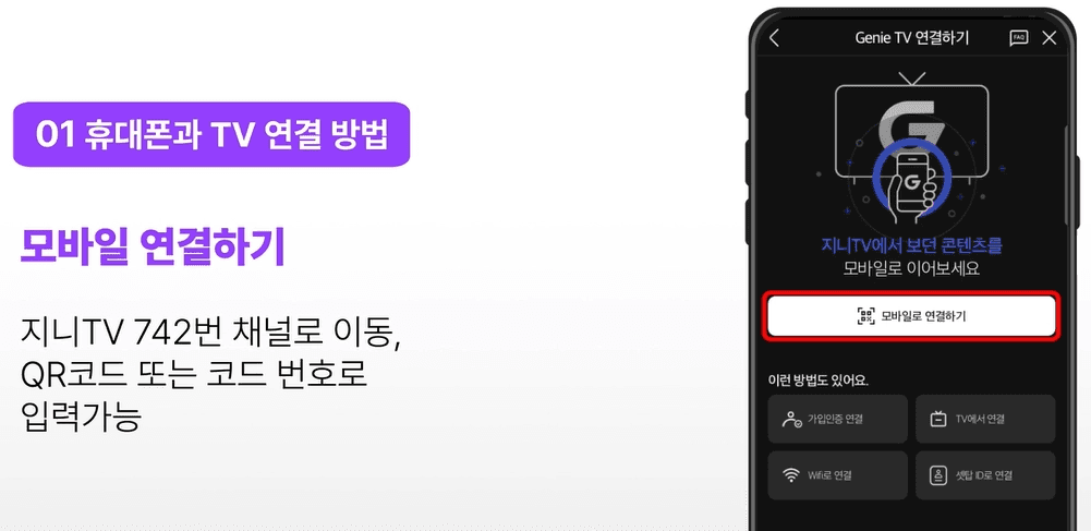 스마트폰과 TV를 연결하는 두 번째 단계 안내 이미지입니다. '모바일 연결하기'라는 타이틀과 함께 "지니TV 742번 채널로 이동, QR코드 또는 코드 번호로 입력가능"하다는 설명이 적혀 있습니다. 오른쪽 스마트폰 화면에는 '모바일로 연결하기' 스캔 버튼이 빨간색 상자로 강조되어 있으며, 하단에 가입인증, TV에서 연결, Wifi로 연결, 셋탑 ID로 연결 등 추가적인 연결 방법 메뉴들이 보입니다.