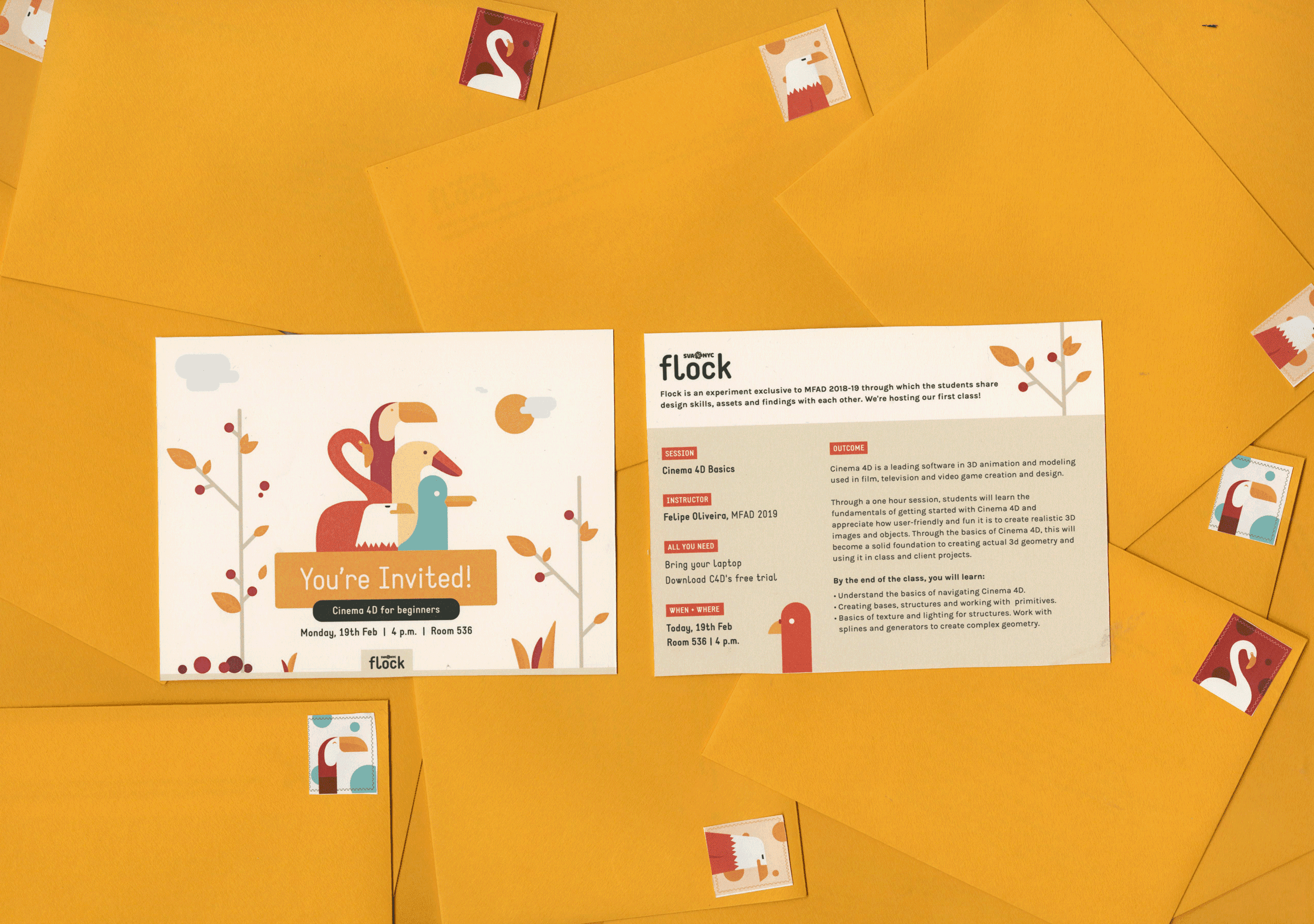 A poster showing some yellow envelopes with bird stamps on them. Over them there are two pieces of paper one with a drawing of birds, some plants, clouds and the sun. The other piece of paper has some text on it with the SVA NYC flock logo.