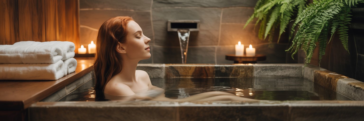 Frau entspannt in einem Spa-Bad nach Anti-Aging Kosmetikbehandlung