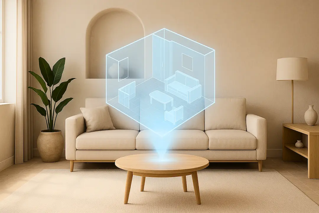 KI Raumplaner Hologramm Wohnzimmer