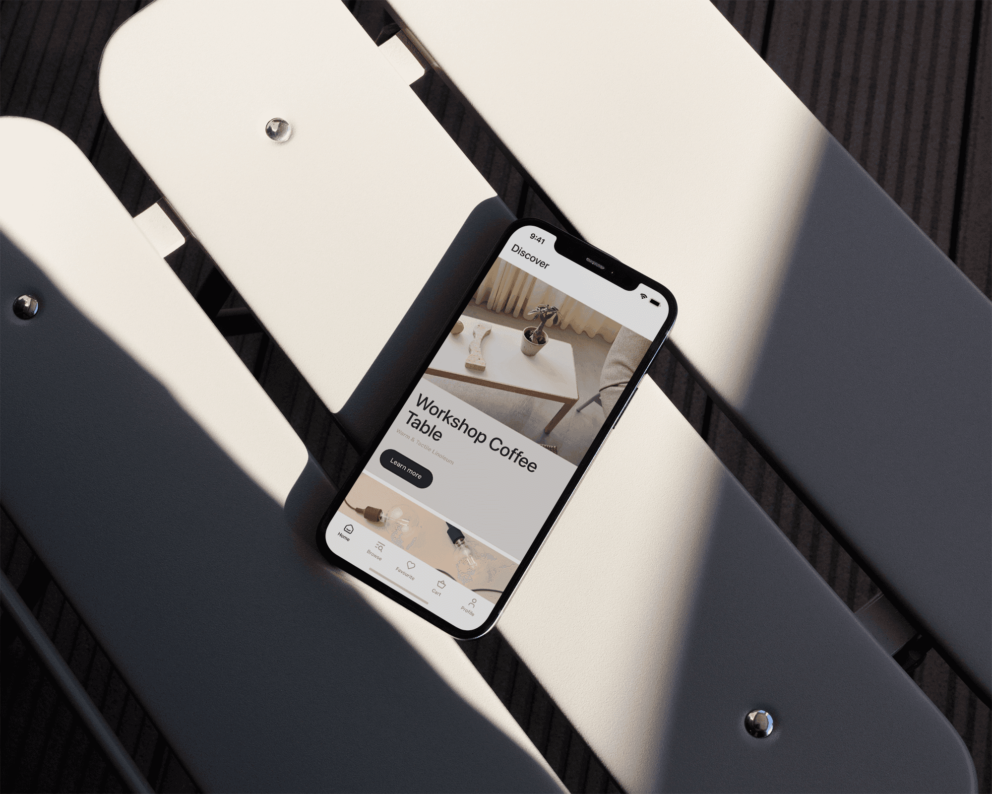Phone mockup. Phone shows muuto app.