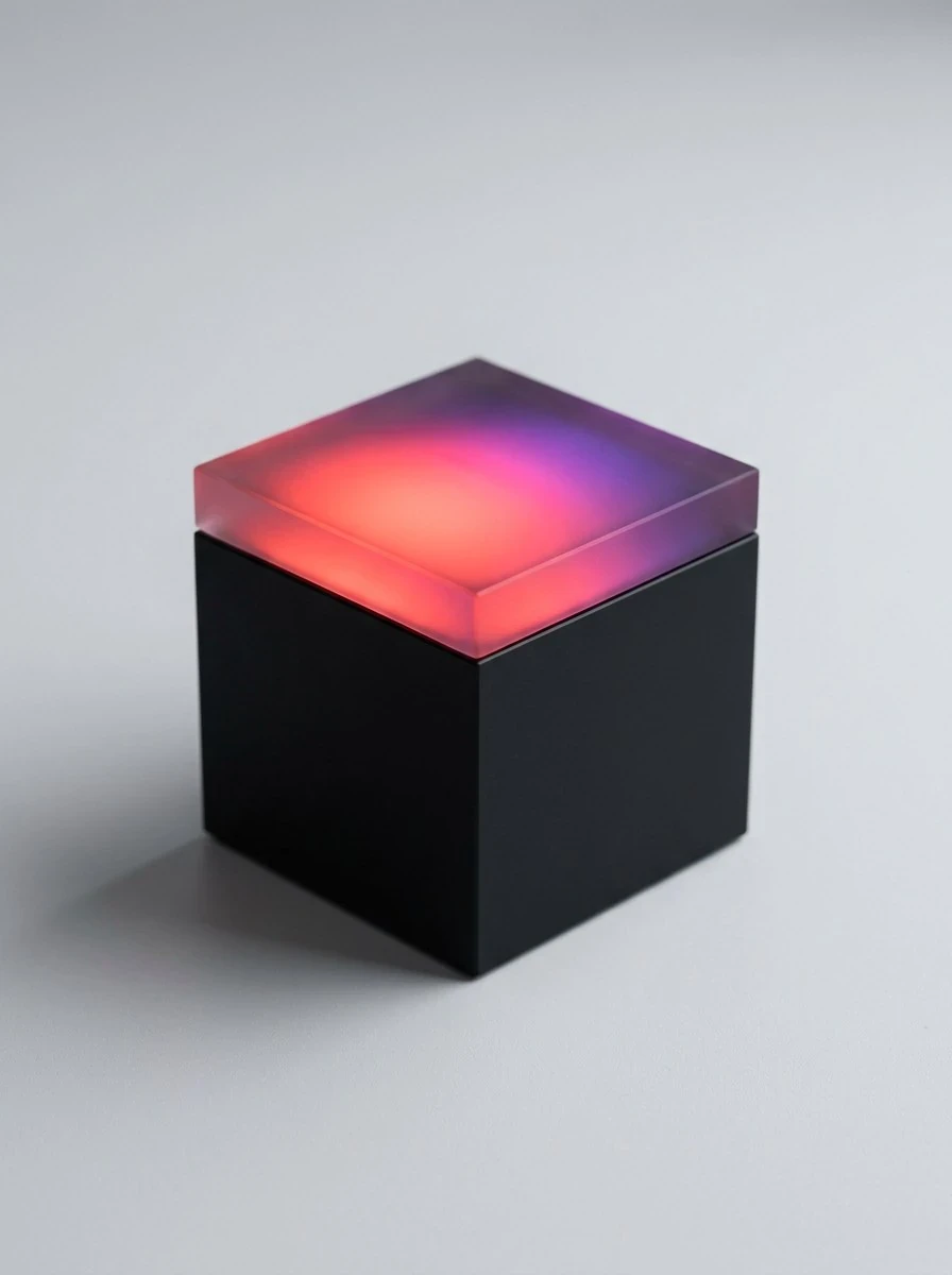 Black cube with a glowing coral and violet top