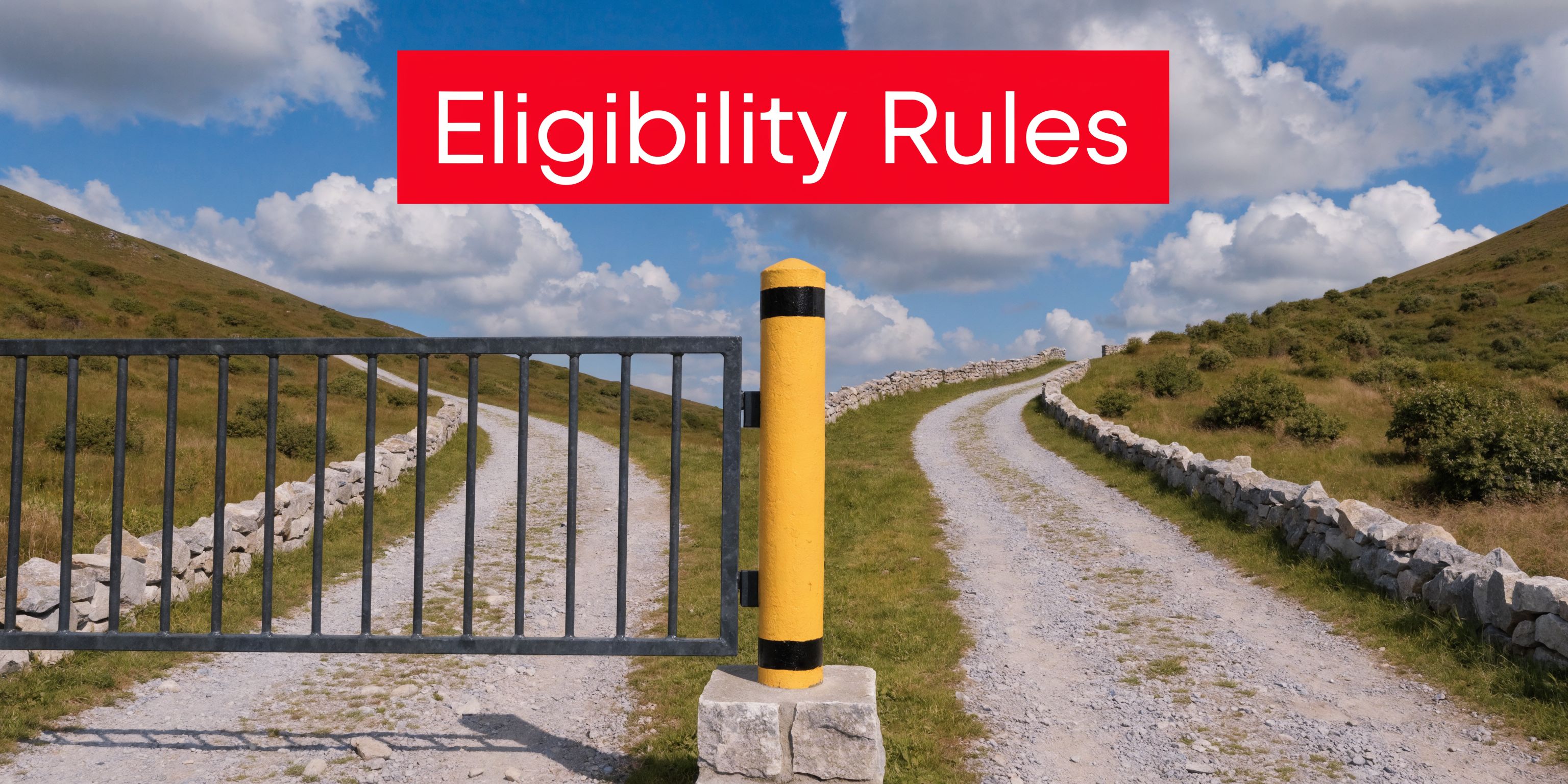 A red sign reading Eligibility Rules positioned above a closed gate on a scenic gravel country road.