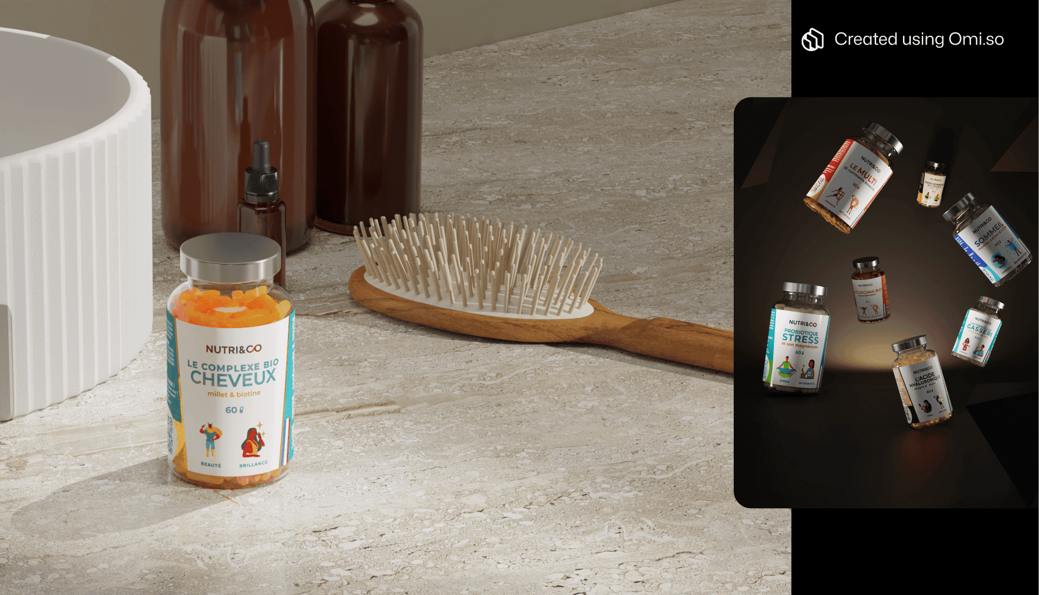 Nutri&Co supplement in bathroom setting and floating supplement bottles on black