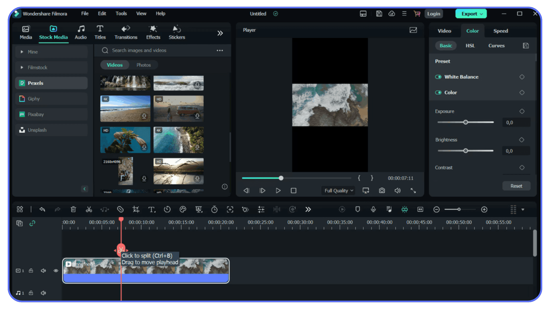 Wondershare Filmora interface with stock video clips, vertical video preview, and basic color adjustment controls.