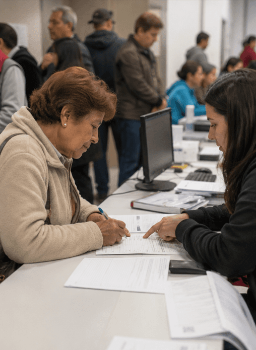 Una persona ayuda a otra firmando papeles de la regularizacion