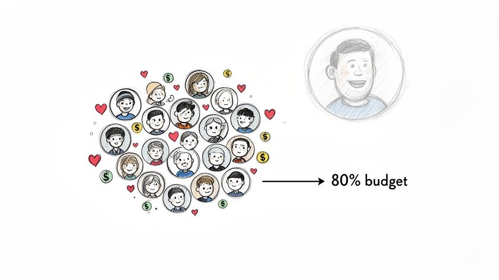 A group of diverse people, hearts, and dollar signs point to a single man labeled '80% budget'.