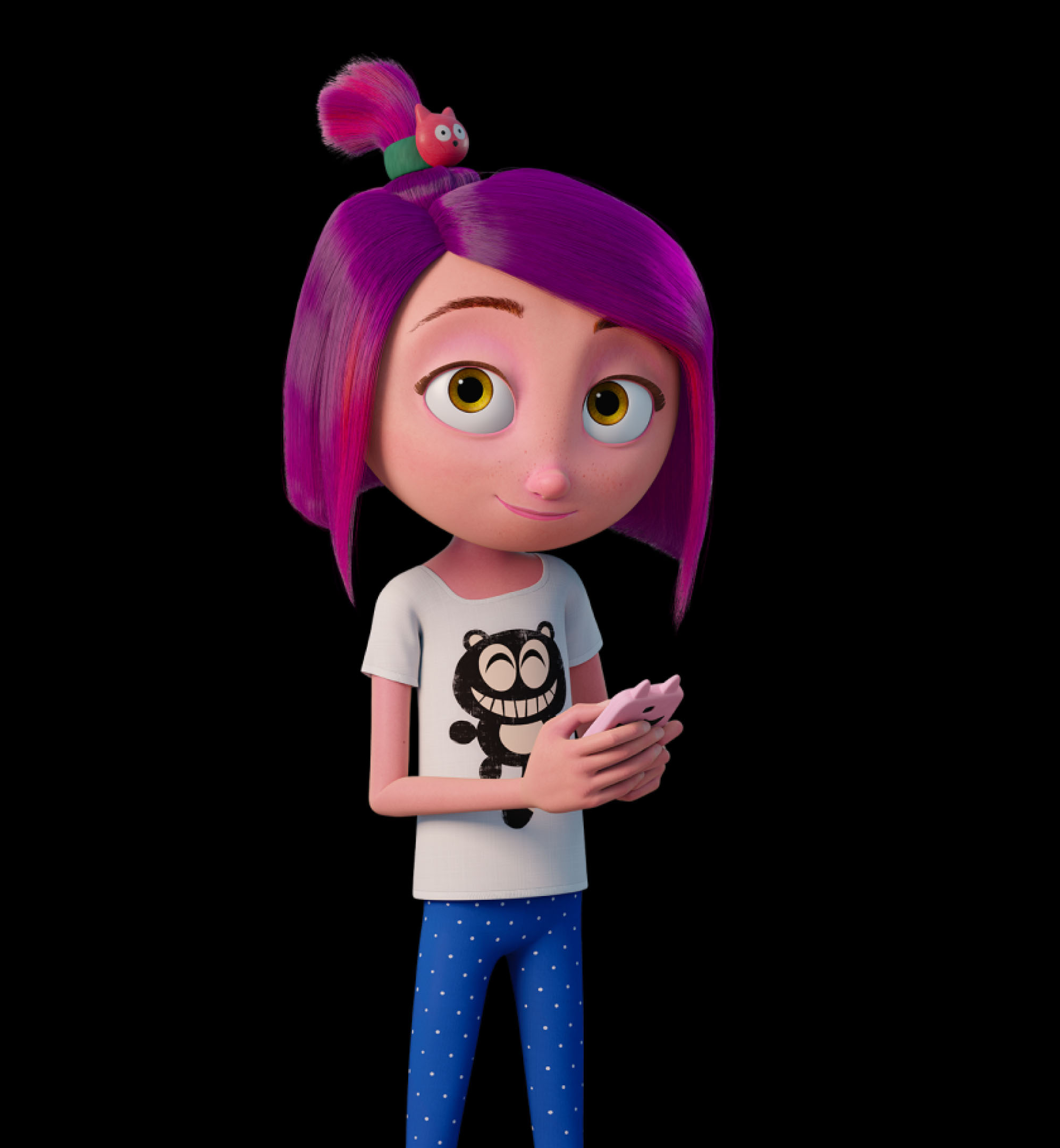 A vibrant 3D render of a young girl character with purple hair and a pink cat-eared hair clip, holding a smartphone. This high-fidelity character design demonstrates the studio's ability to create engaging, brand-specific mascots for major global streaming platforms.