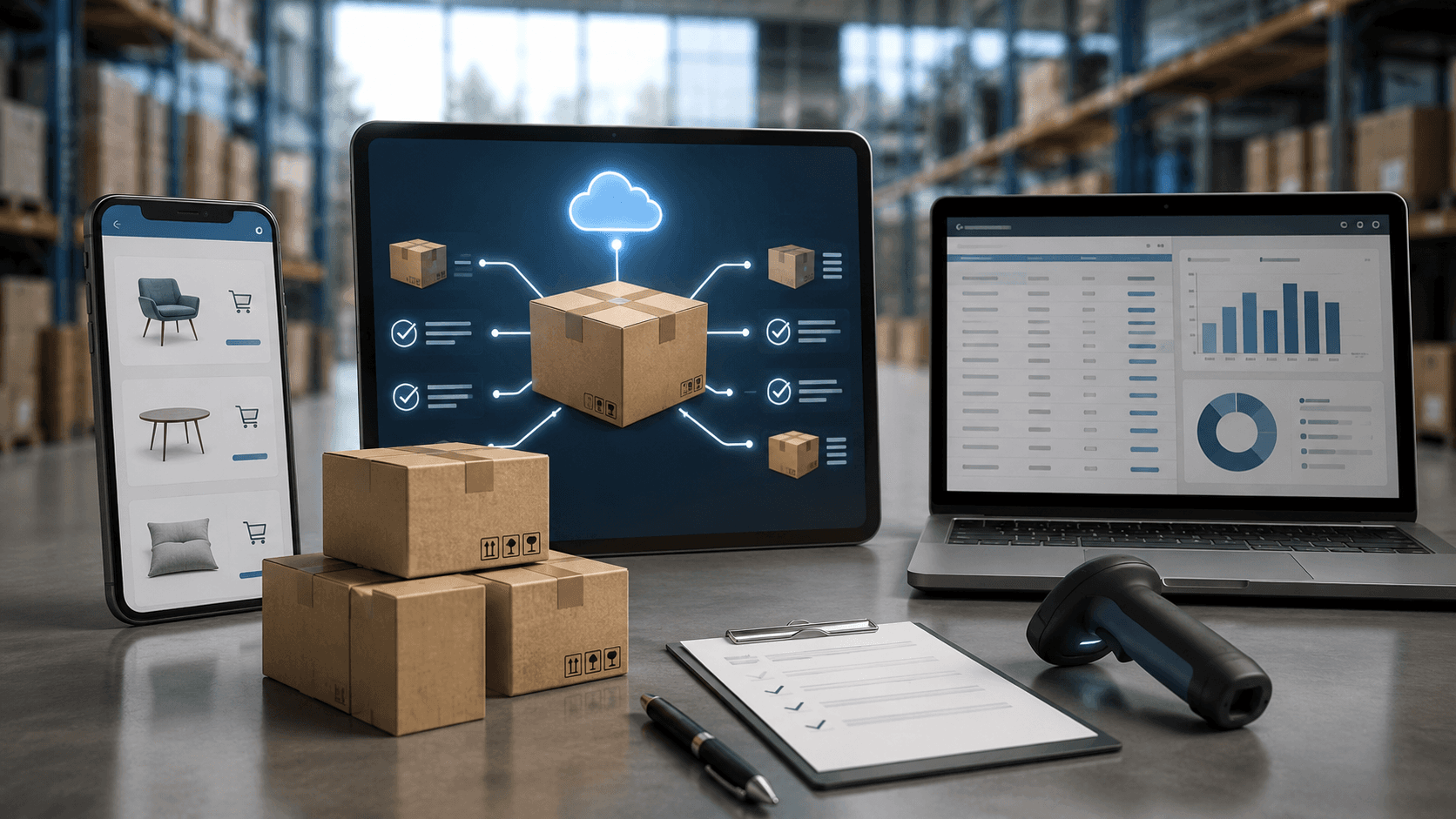 Cena em estilo realista 3D mostrando um ambiente moderno de operação B2B com integração digital entre canais de venda. Sobre uma mesa industrial aparecem um smartphone exibindo um catálogo de produtos, um tablet central com conexões visuais de sincronização de estoque em nuvem e um notebook com dashboard de ERP e tabelas de preços. Ao redor, caixas de papelão, leitor de código de barras e checklist reforçam a ideia de gestão integrada de vendas, estoque e pedidos. Ao fundo, um armazém desfocado com prateleiras transmite contexto logístico e comercial.
