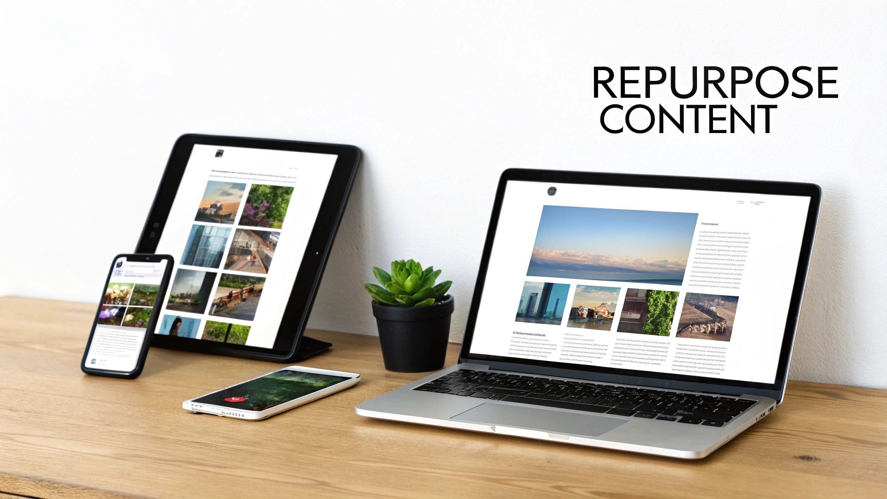 Various digital devices including a laptop, tablet, and smartphones displaying content responsively on a desk.