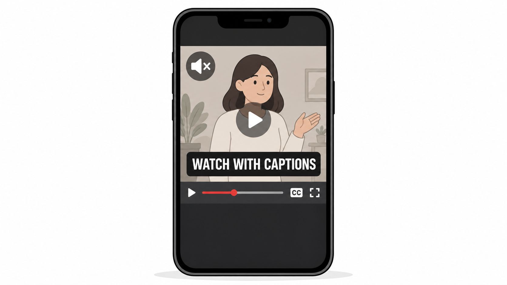 A smartphone screen displaying a video player interface with a woman and the text WATCH WITH CAPTIONS.