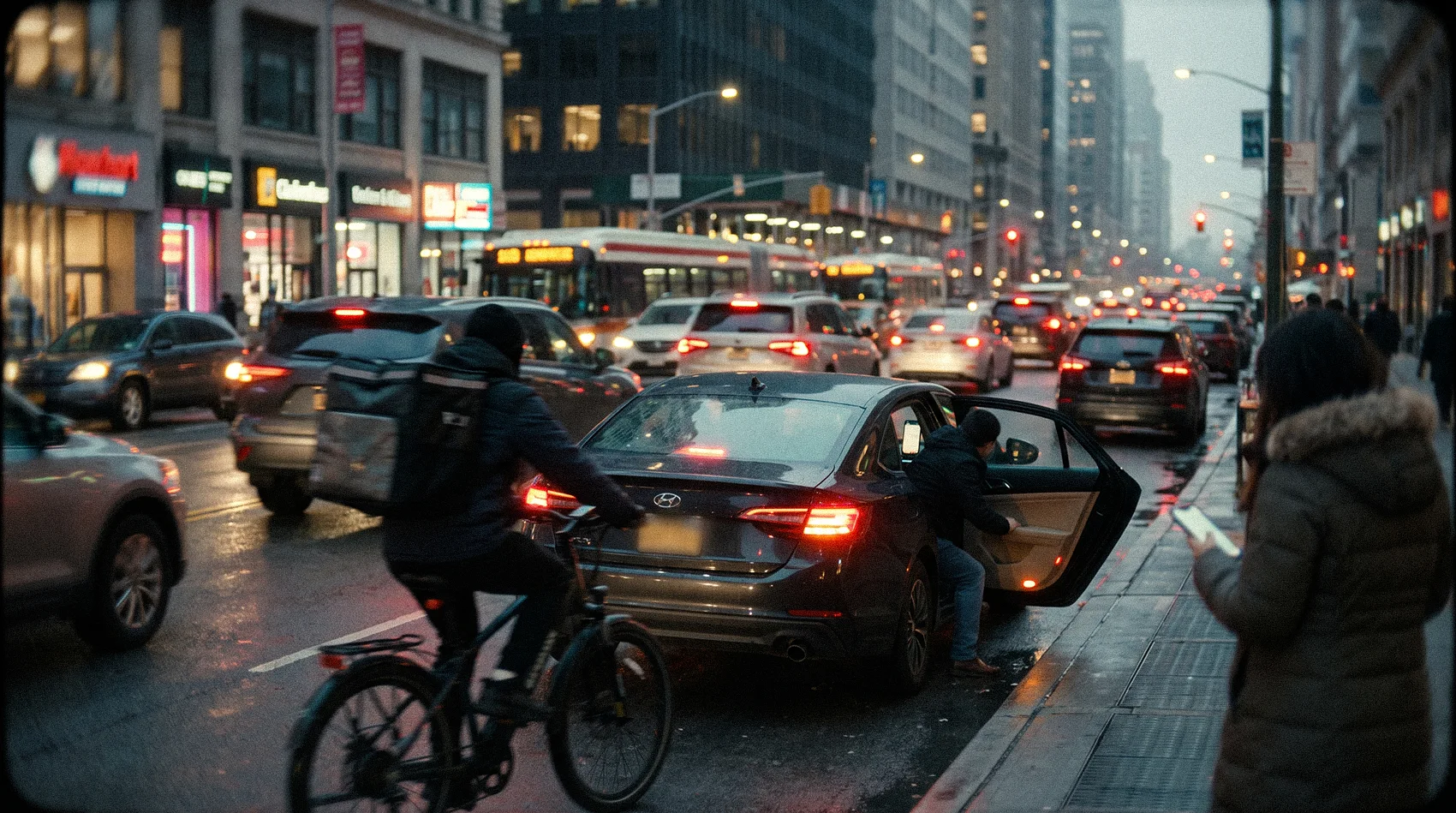 Man exiting black Hyundai sedan in busy city traffic as woman with phone waits and delivery cyclist passes - Uber growth