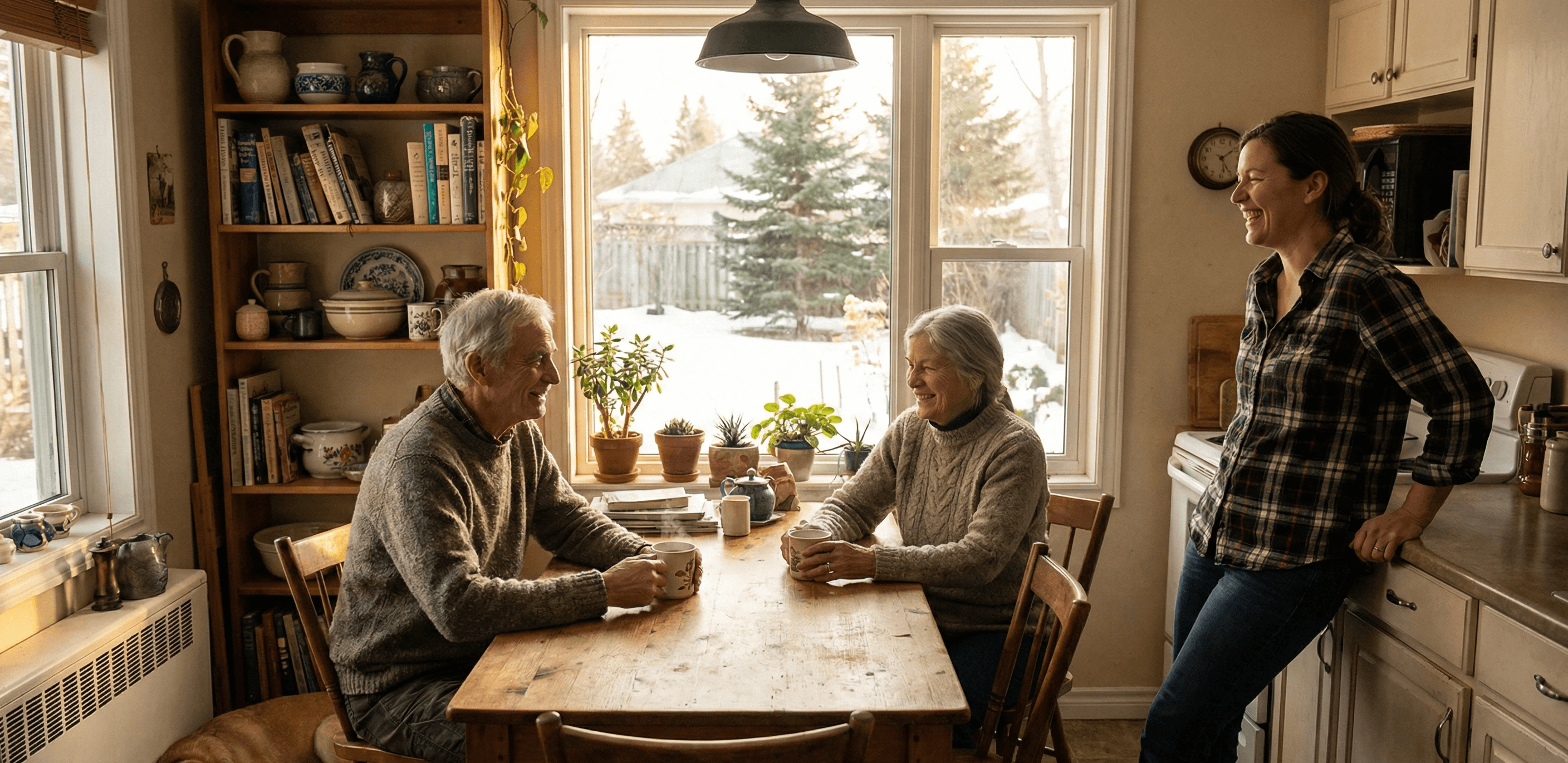 An older couple sits at a rustic wooden kitchen table holding steaming mugs, smiling warmly at their adult daughter who leans comfortably against the counter. A dog sleeps on the floor of the sunlit, cozy room, and a snowy yard is visible through the window.