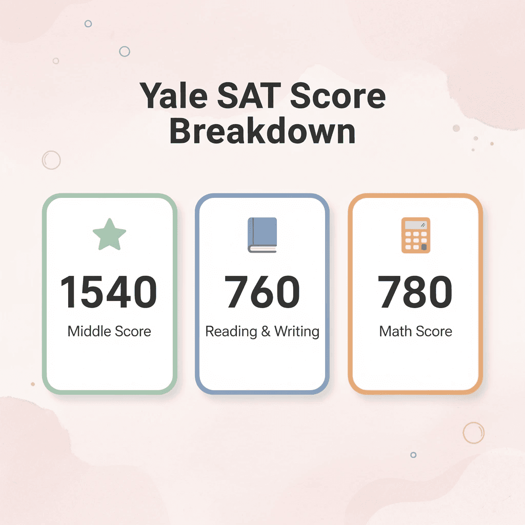  Infographic showing Yale's middle SAT score of 1540, broken down into 760 for Reading and Writing and 780 for Math