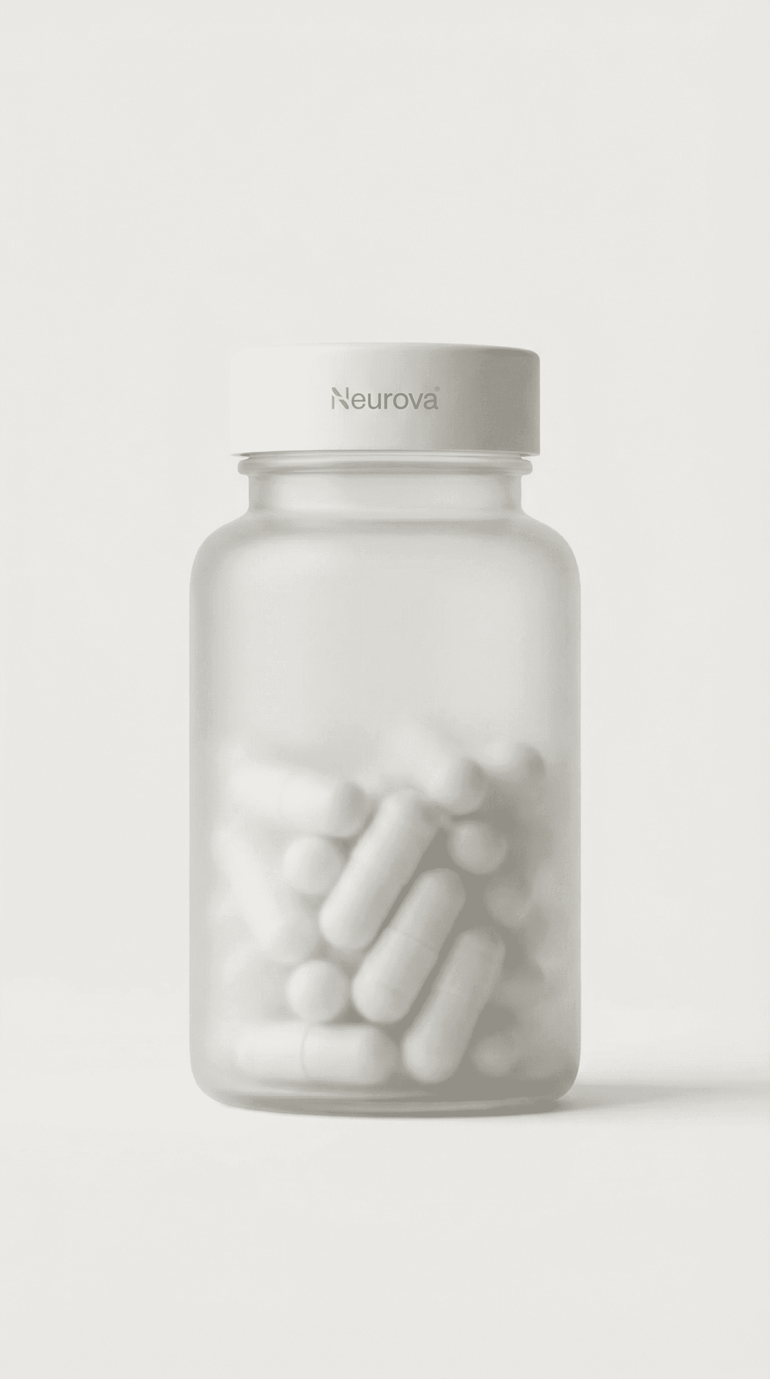 Minimal frosted supplement bottle labeled Neurova with white capsules inside