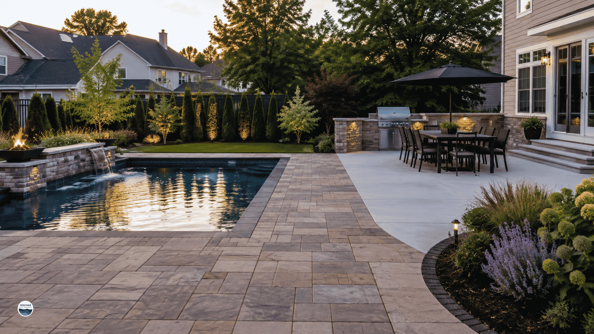 Backyard patios combining a paver patio near the pool with a concrete patio