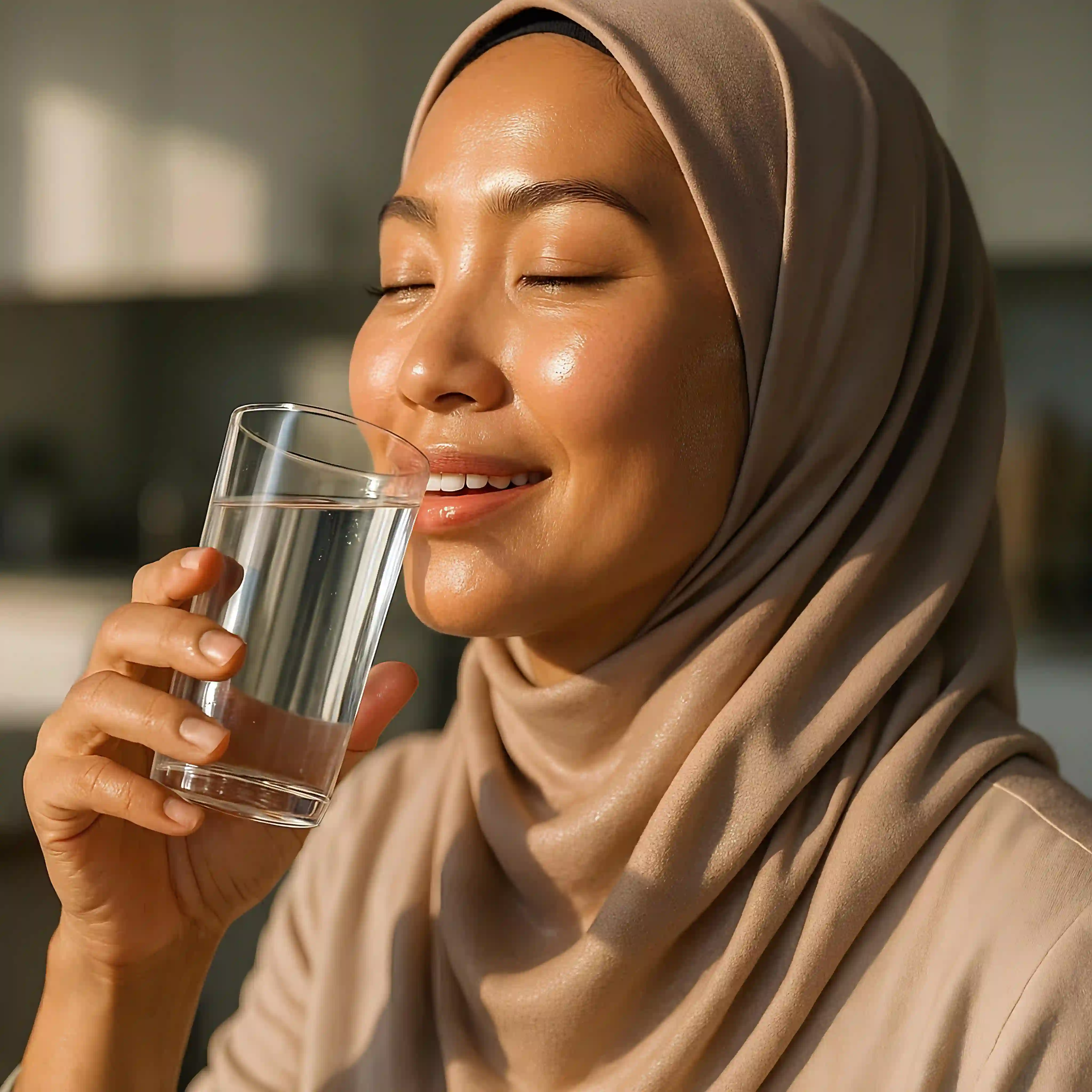 Wanita Malaysia minum air kangen dengan kulit wajah yang bersih dan berseri, kesan antioksidan tinggi.