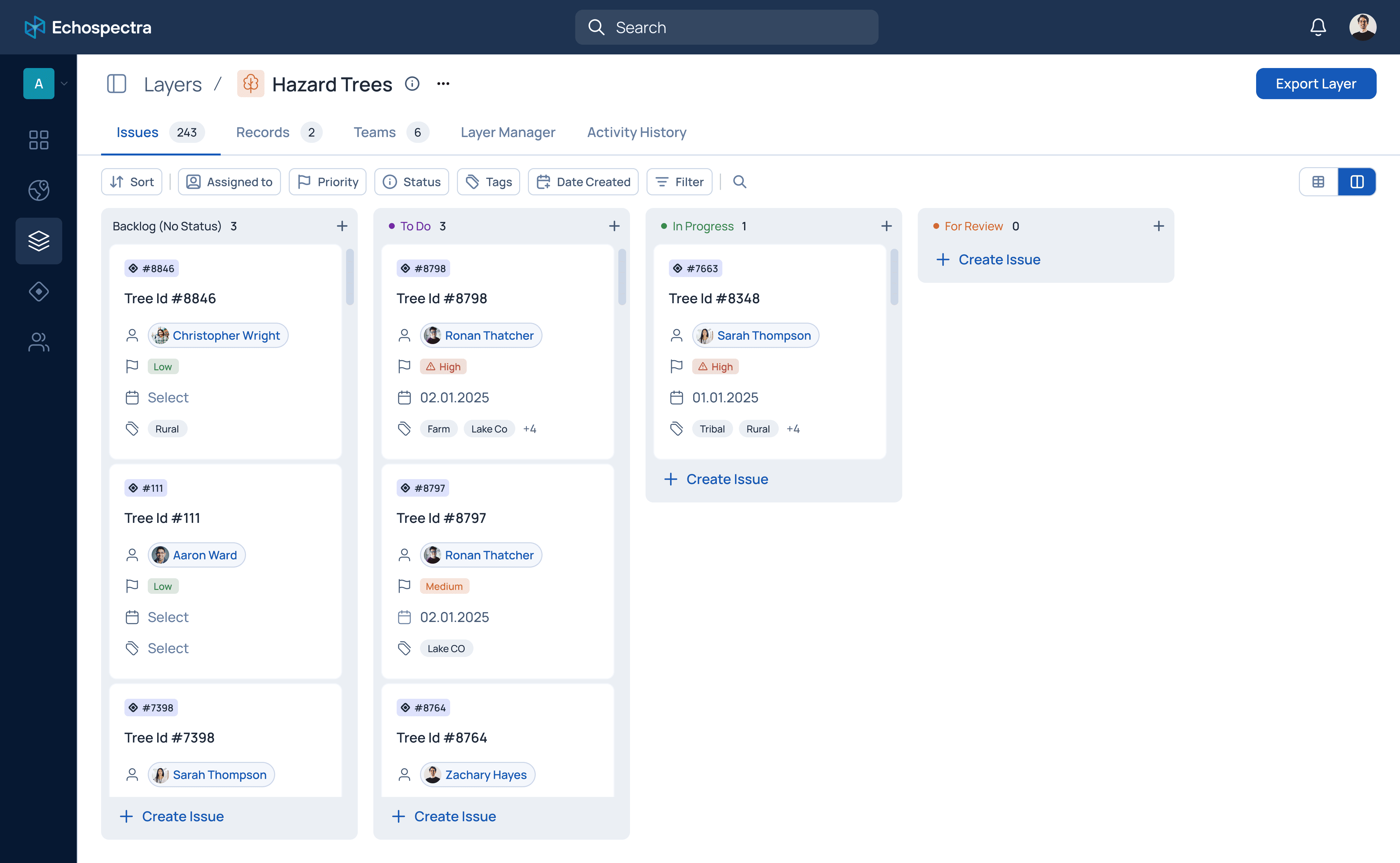 Kanban board interface in Echospectra, organizing issues into backlog, to-do, in-progress, and review columns.