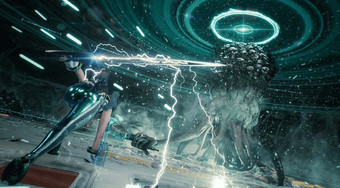 Screenshot Stellar Blade PS5 – personnage volant dans cité futuriste avec structures circulaires brillantes sur KeyVerse Gaming