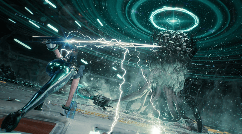 Screenshot Stellar Blade PS5 – personnage volant dans cité futuriste avec structures circulaires brillantes sur KeyVerse Gaming