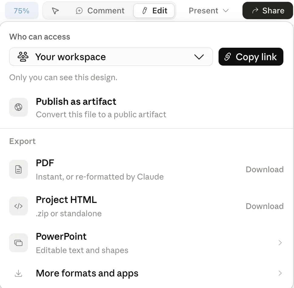 Het Share-menu van Claude Design met Who can access, Publish as artifact en de exportopties PDF, Project HTML en PowerPoint