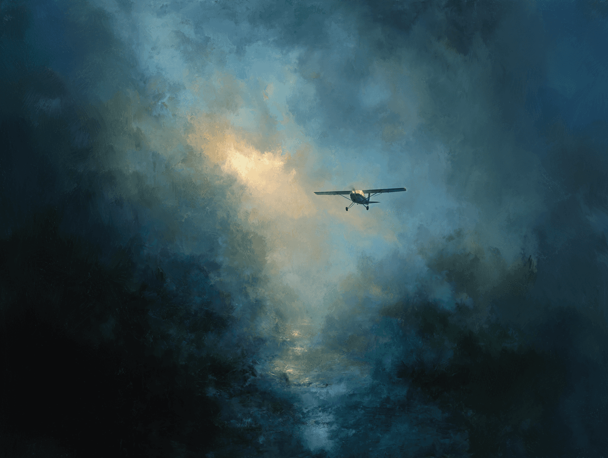 A small airplane flies through a stormy sky illuminated by a break of golden light. The painting’s dark blue and gray tones contrast with the warm glow ahead, symbolizing hope, navigation, and perseverance amid uncertainty and turbulence.