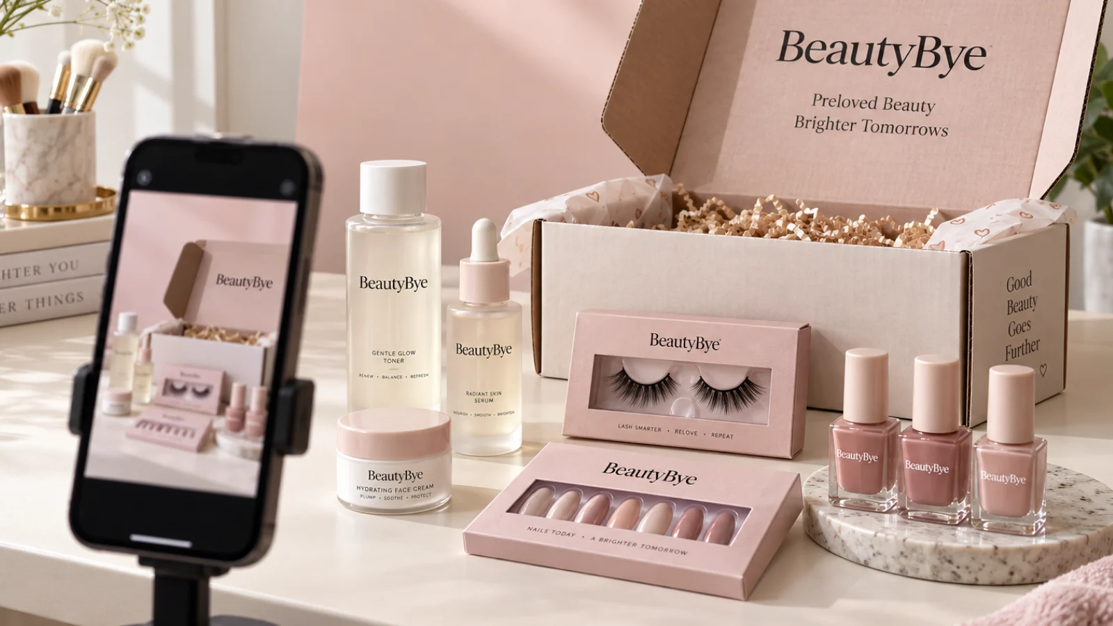 BeautyBye lash and brow products being prepared for a marketplace listing photograph