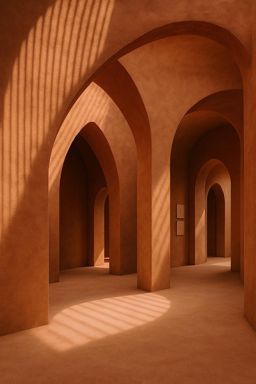 Terracotta corridor with geometric arches, diffuse sunlight, and textured stucco surfaces.