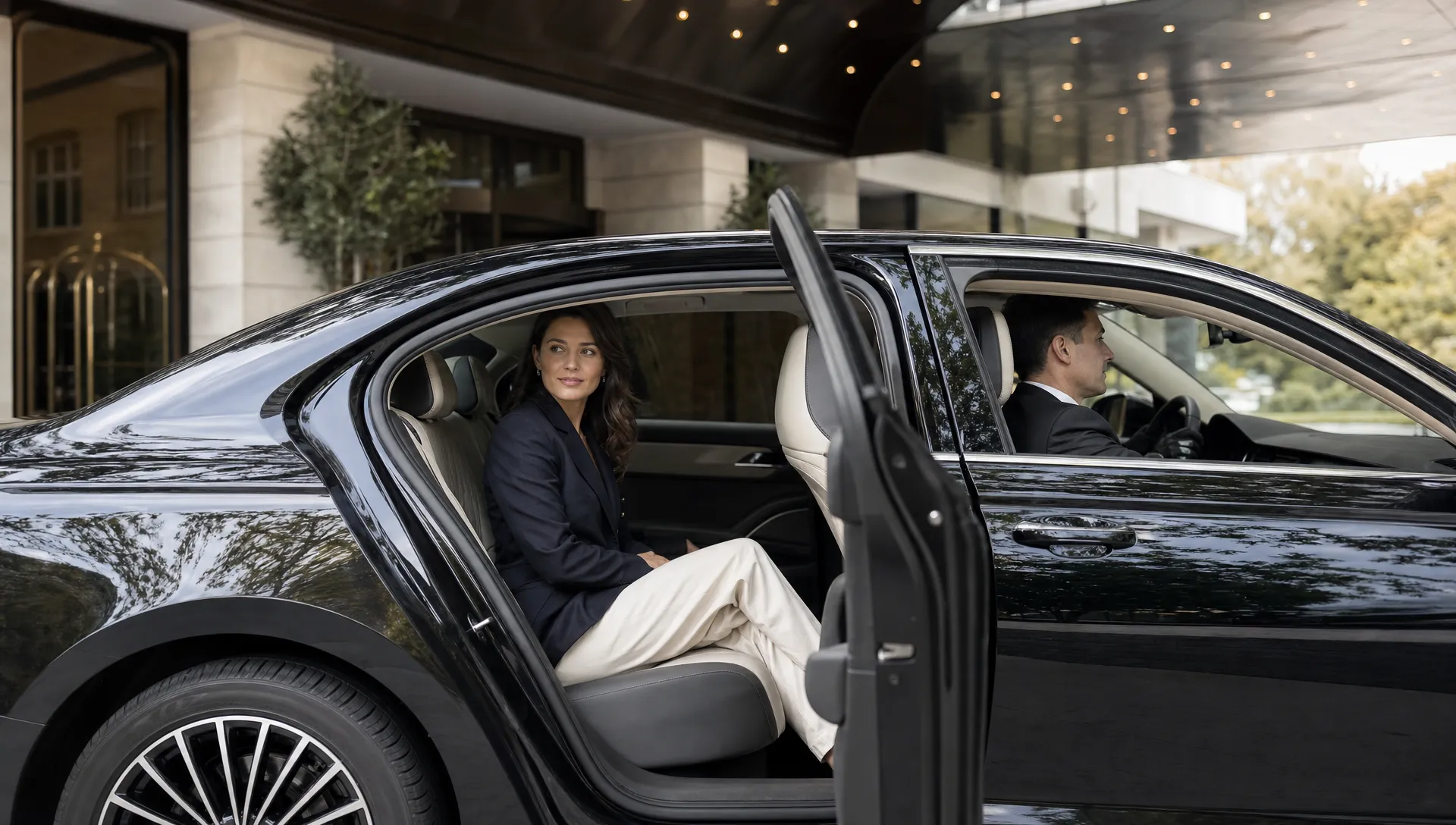 Een premium auto staat voor een exclusieve entree met een vrouwelijke executive achterin en de chauffeur voorin.