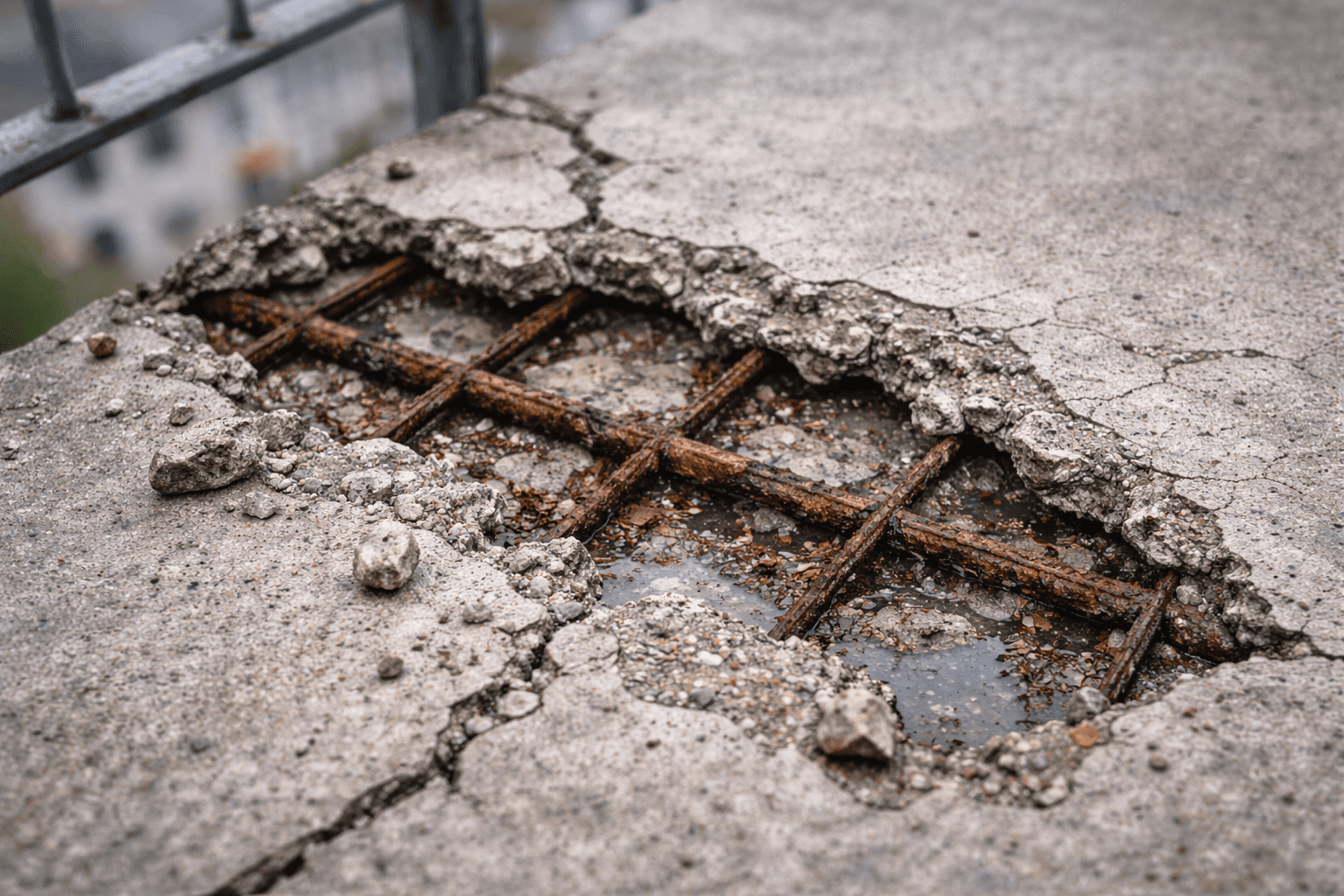 Betonabplatzung am Balkon mit freiliegender korrodierter Bewehrung – typischer Schaden an Wuppertaler Mehrfamilienhau