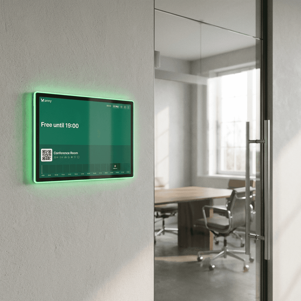 ProDVX APPC-10SLBN als Raumdisplay am Meetingraum zeigt Verfügbarkeit im anny Buchungssystem als frei