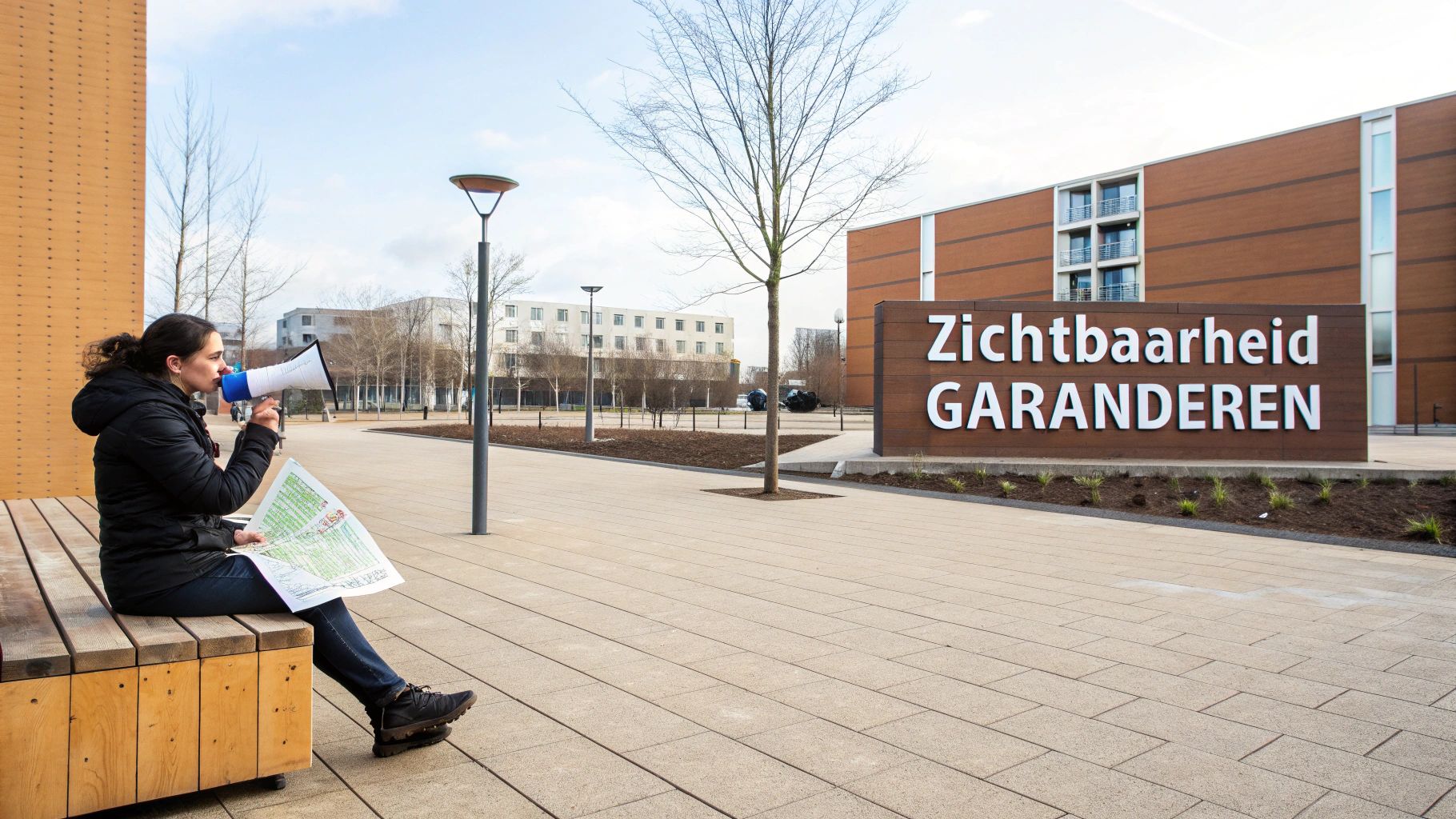 Een vrouw zit op een bankje, roept door een megafoon met een kaart, bij een bord met 'Zichtbaarheid GARANDEREN'.