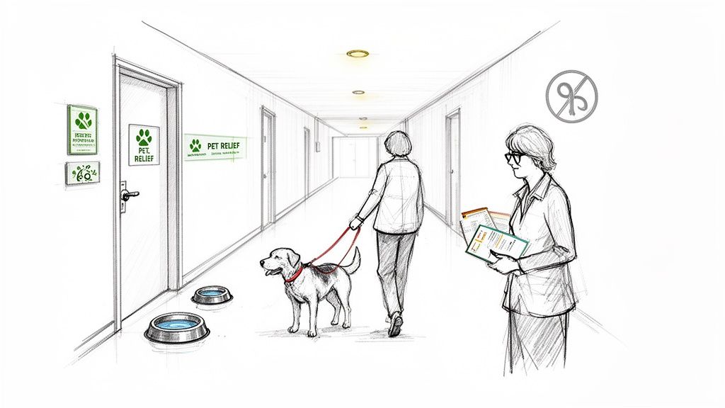 A sketch depicts a pet-friendly hallway with a dog on a leash, people, and 'Pet Relief' signs.