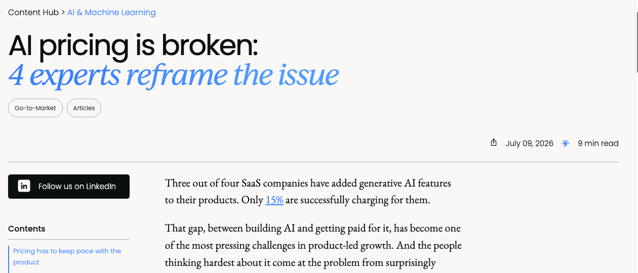 "AI pricing is broken: 4 experts reframe the issue" - screenshot of another article