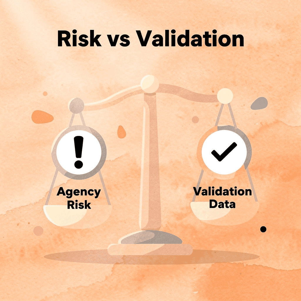 Balance scale comparing agency risk versus validation data - Professional SEO Agency