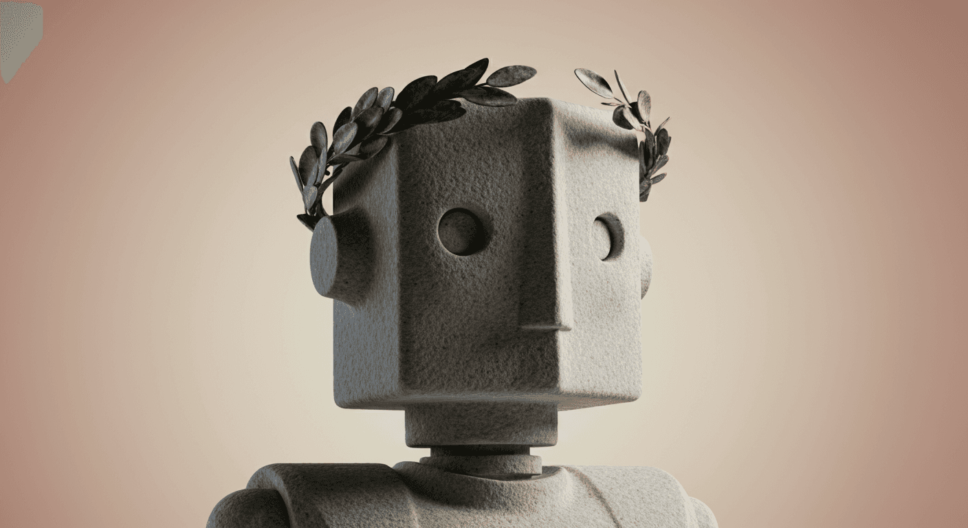 A robot wearing a roman wreath, looking pensively into the distance