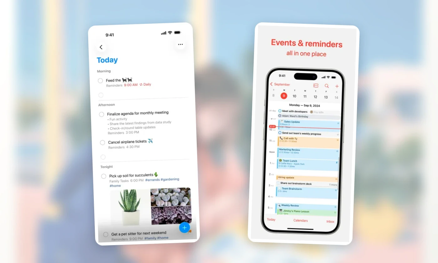 Official Apple Reminders and Calendar screens used as the free Apple baseline.