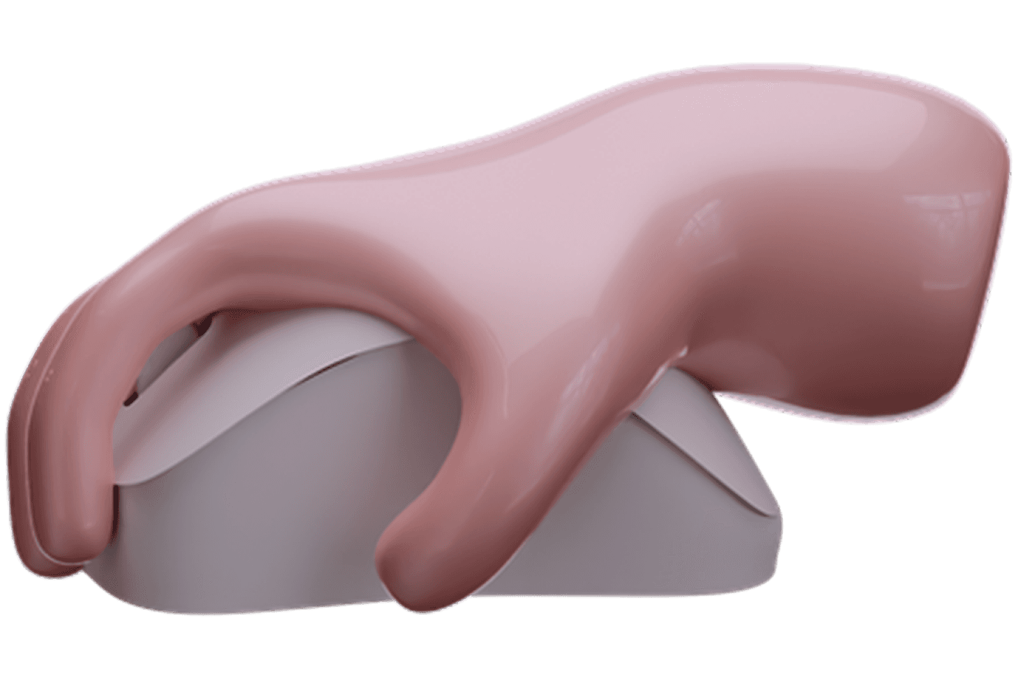Pink hand resting on a smooth white computer mouse against a dark background.