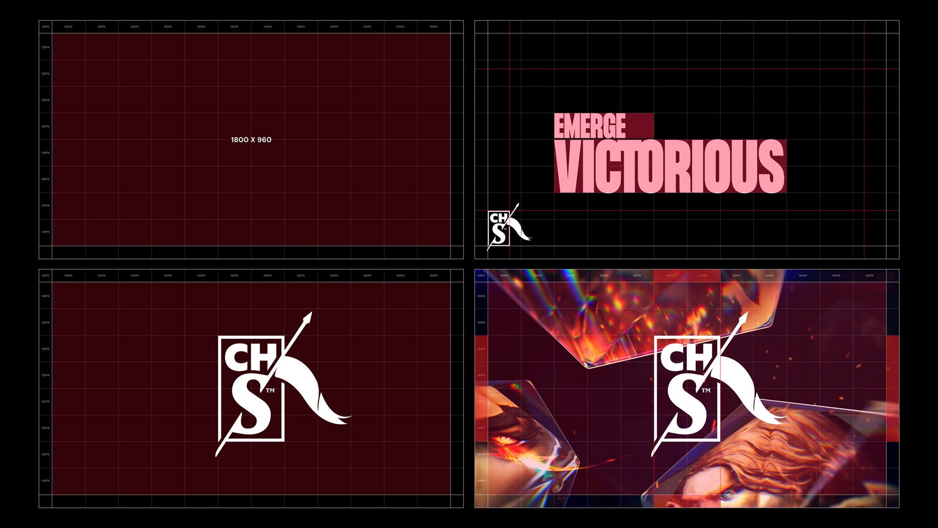 Four panels featuring vibrant colors, bold text, and dynamic action imagery showcasing a brand system grid.