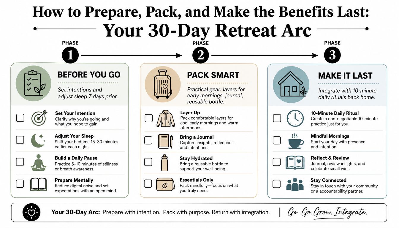 A three-phase infographic outlining how to prepare, pack, and integrate benefits from a 30-day wellness retreat.