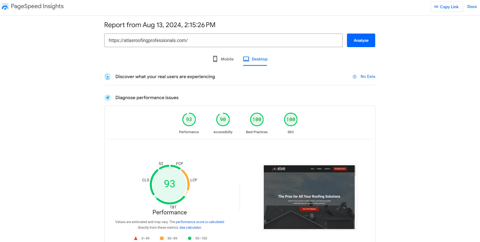 pagespeed insights of a roofing contractor website