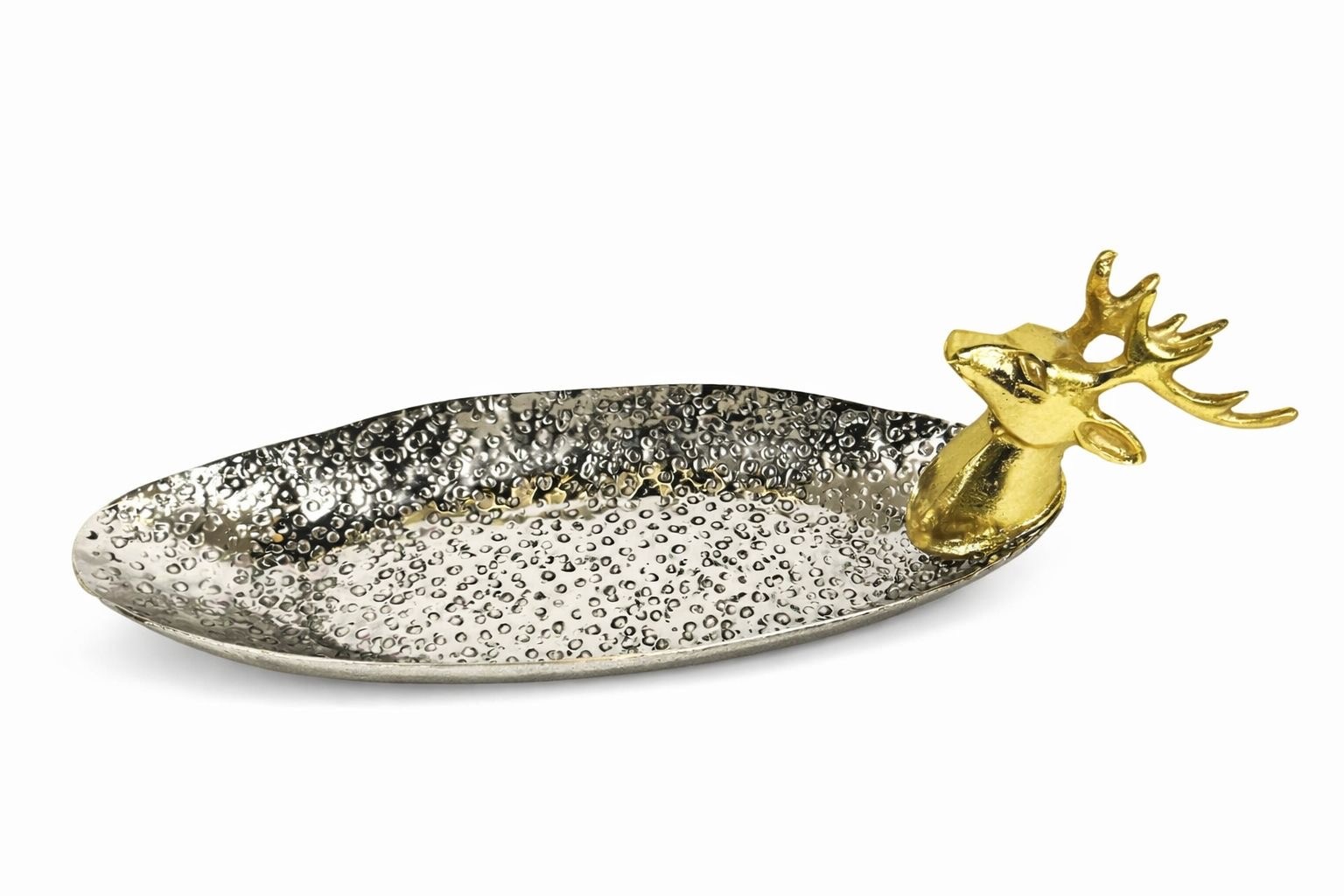 Oval textured metal tray with a deer head handle in gold finish