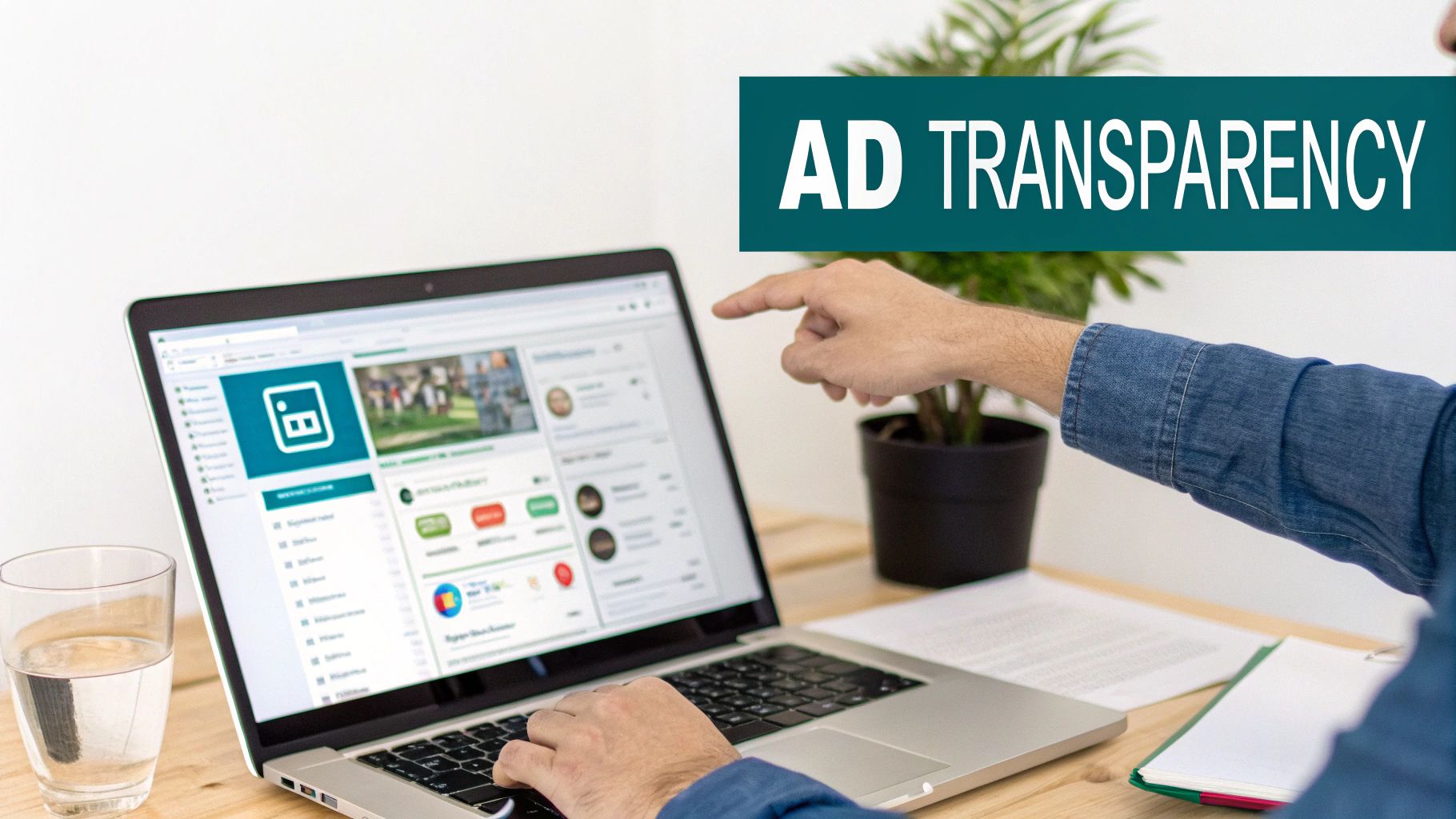 A person's hands using a laptop keyboard and pointing at the screen, displaying an interface with 'AD TRANSPARENCY' overlay.