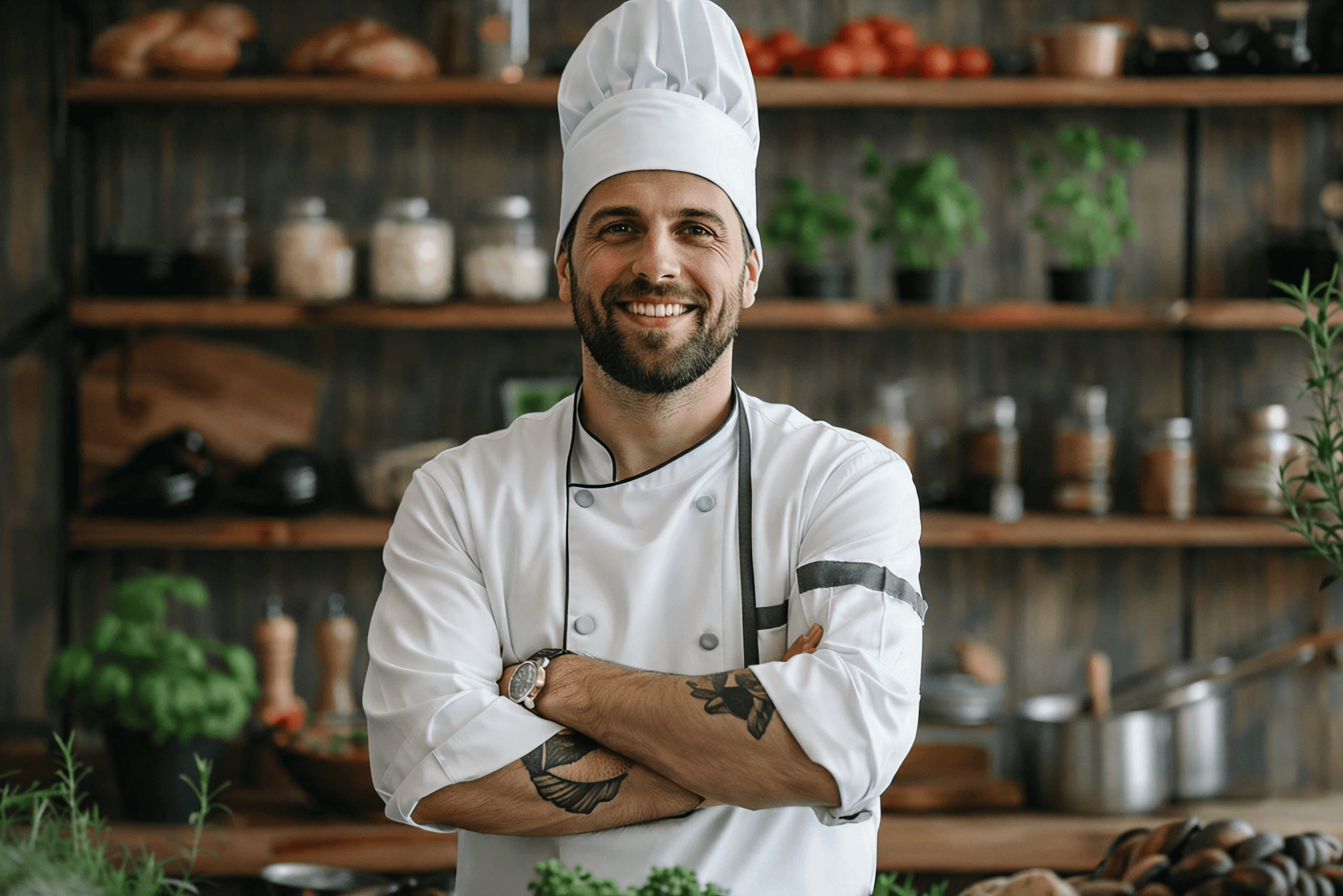 Smiling chef in a white uniform and hat stands confidently with arms crossed. Shelves with jars, fresh produce, and kitchen items are in the background.