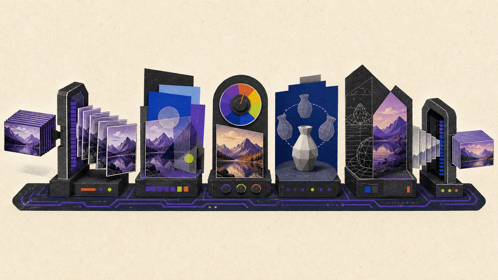 Editorial illustration showing GPU workloads moving from video decoding through effects, color grading, 3D rendering, and encoding