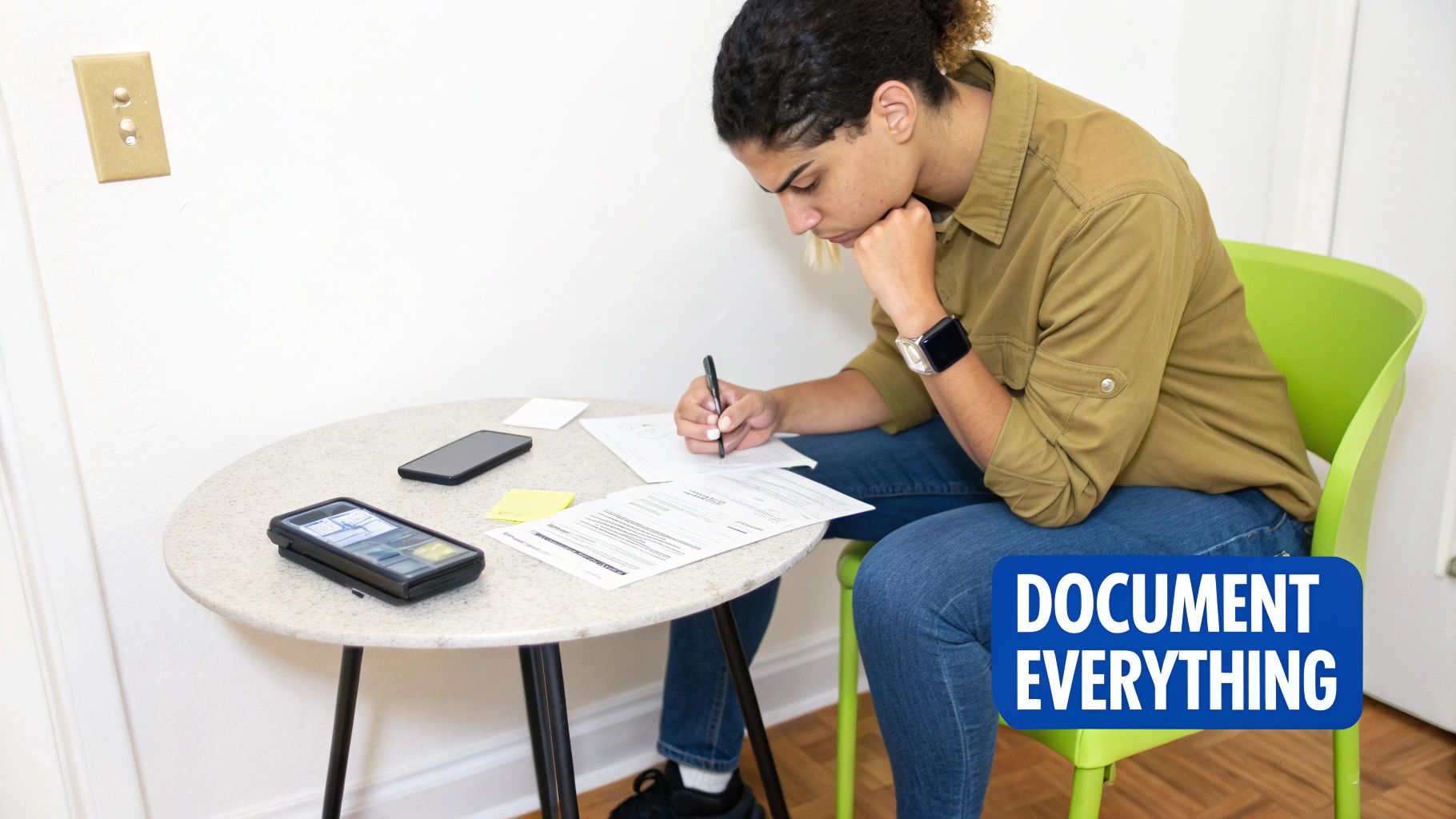 Person with a smartwatch writing on papers at a table with smartphones and a yellow note.