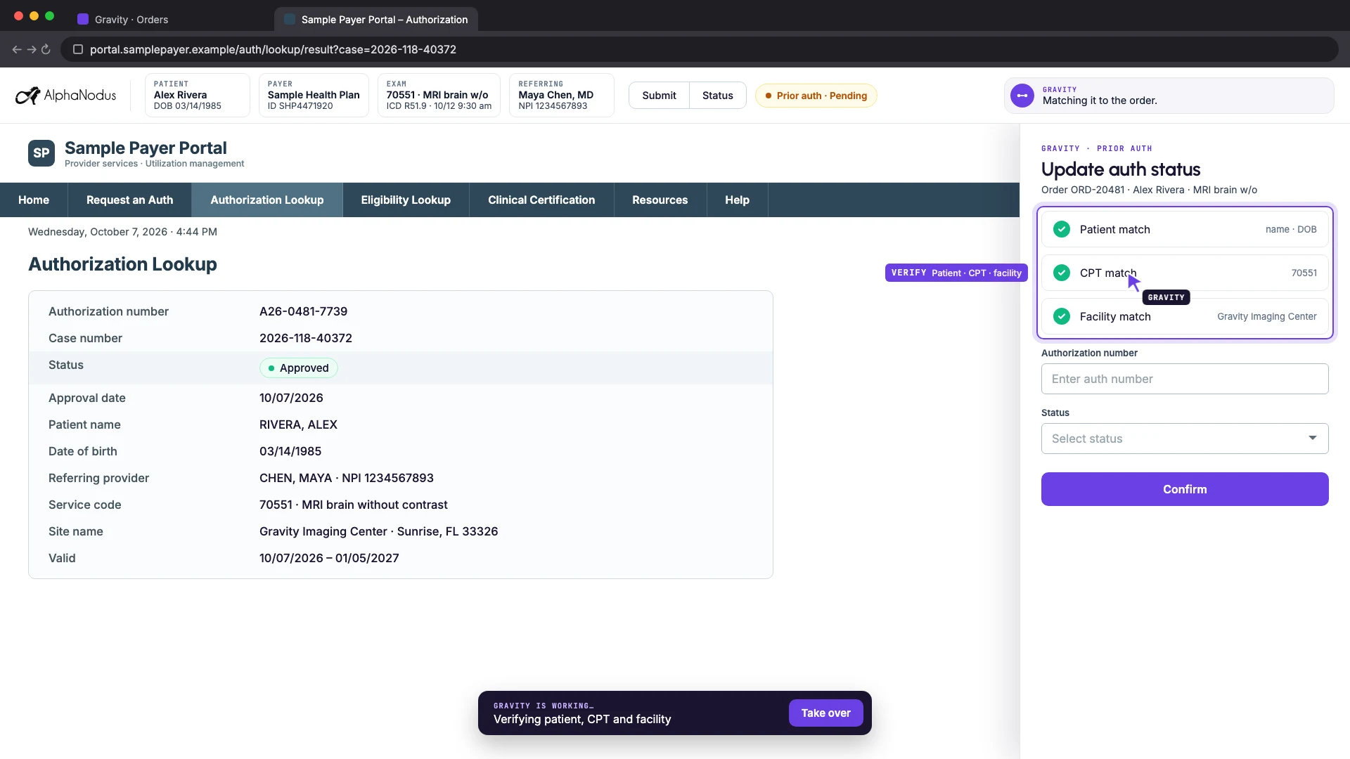 Gravity on a sample payer portal: the authorization lookup result beside the Gravity panel, where patient, CPT and facility each match the order before the authorization is recorded