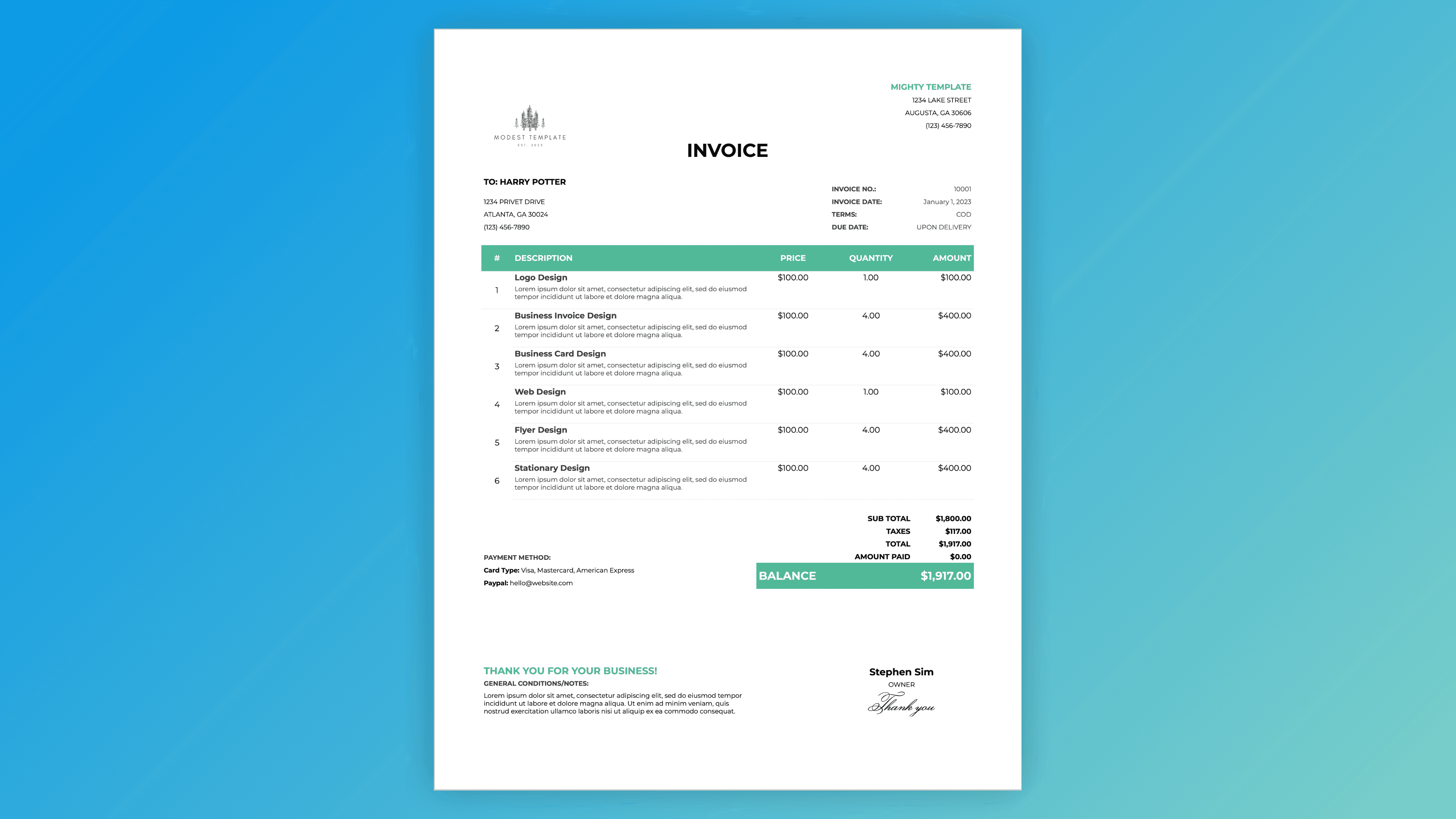 Clean invoice template – itemized services, price, quantity, total, subtotal, tax, payment terms, amount paid, remaining balance, and thank you note