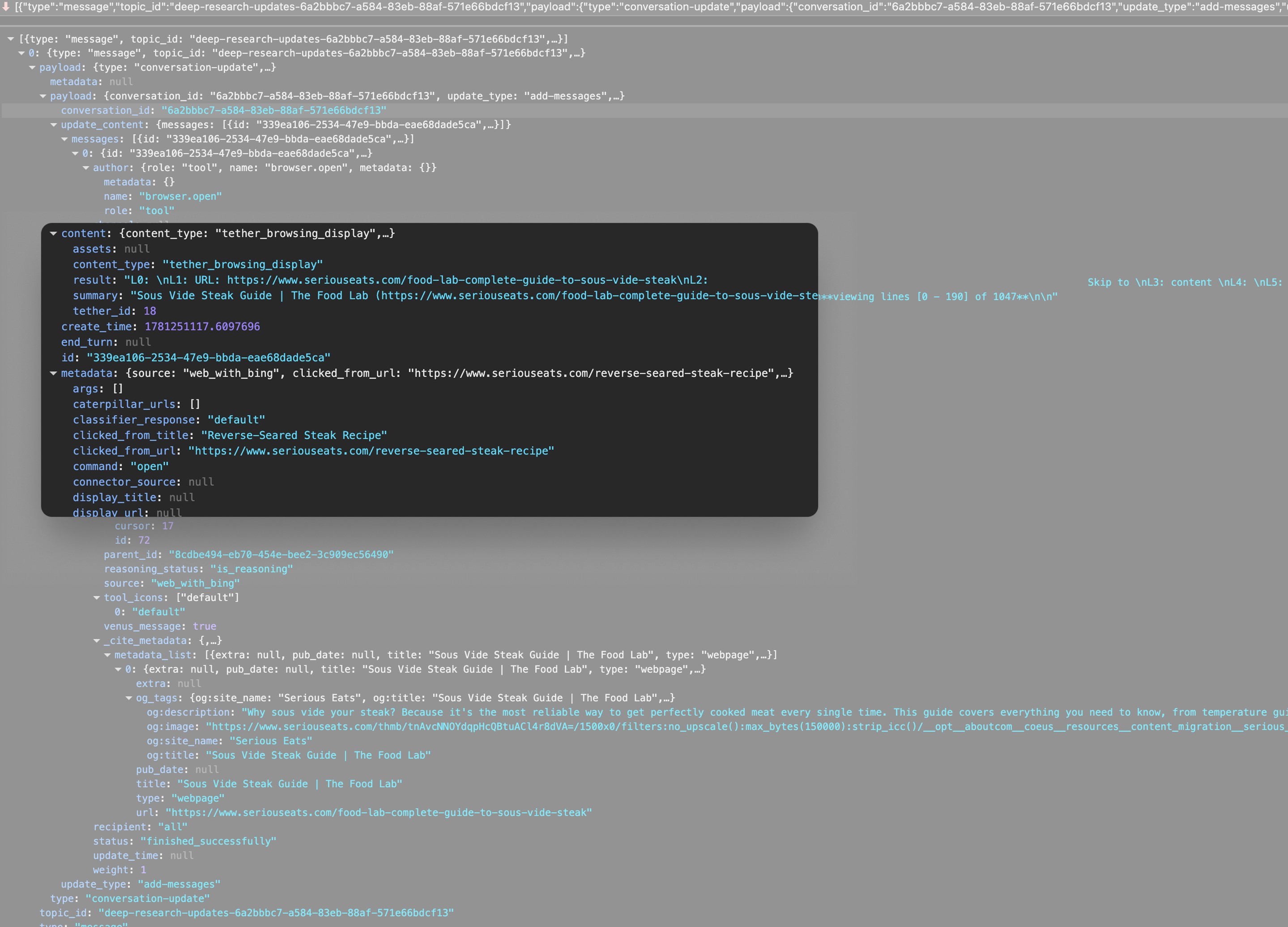 A browser.open call whose metadata shows clicked_from_url and clicked_from_title, proof the agent reached this page by following a link from another page, not from a search.